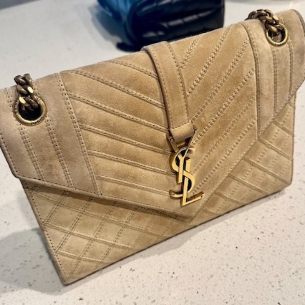 YSL Tan Suede Medium Envelope Chain Shoulder Bag